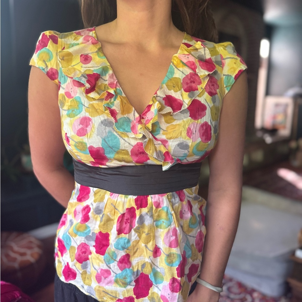 Anthropologie Pink and Yellow Ruffled Wrap Blouse